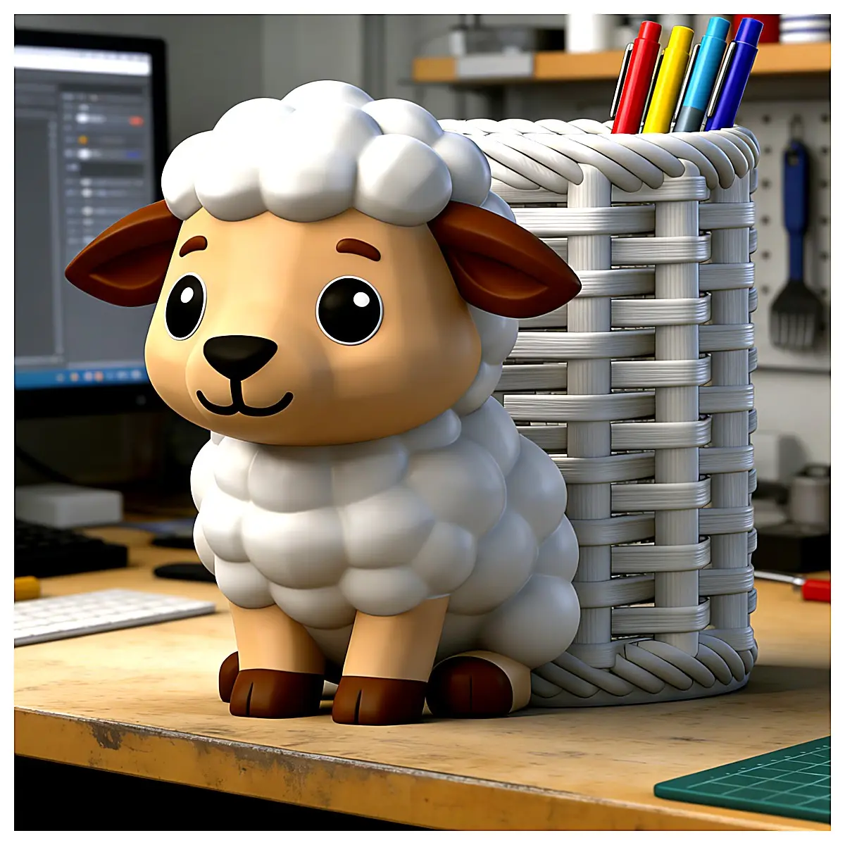 Back Basket Little Lamb Pencil Holder Sheep Wool Cute Desktop Organizer Creative Gift Student Supplies Lazy Person Gadget Office Decoration