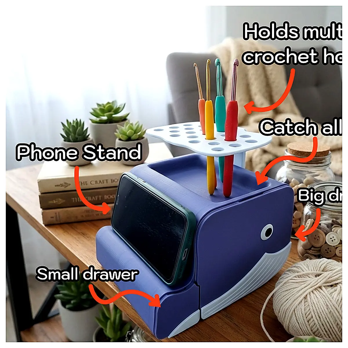 Whale Crochet Hook Organizer Phone Stand Crochet Tool Accessories Needle Storage Phone Holder Crafting Support