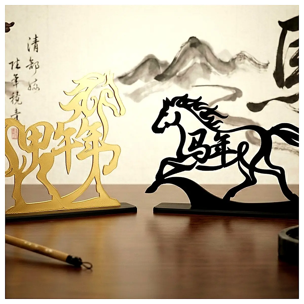 Year of the Horse Calligraphy Sculpture Horse Art Decor Wall Hanging Gift Art Collection
