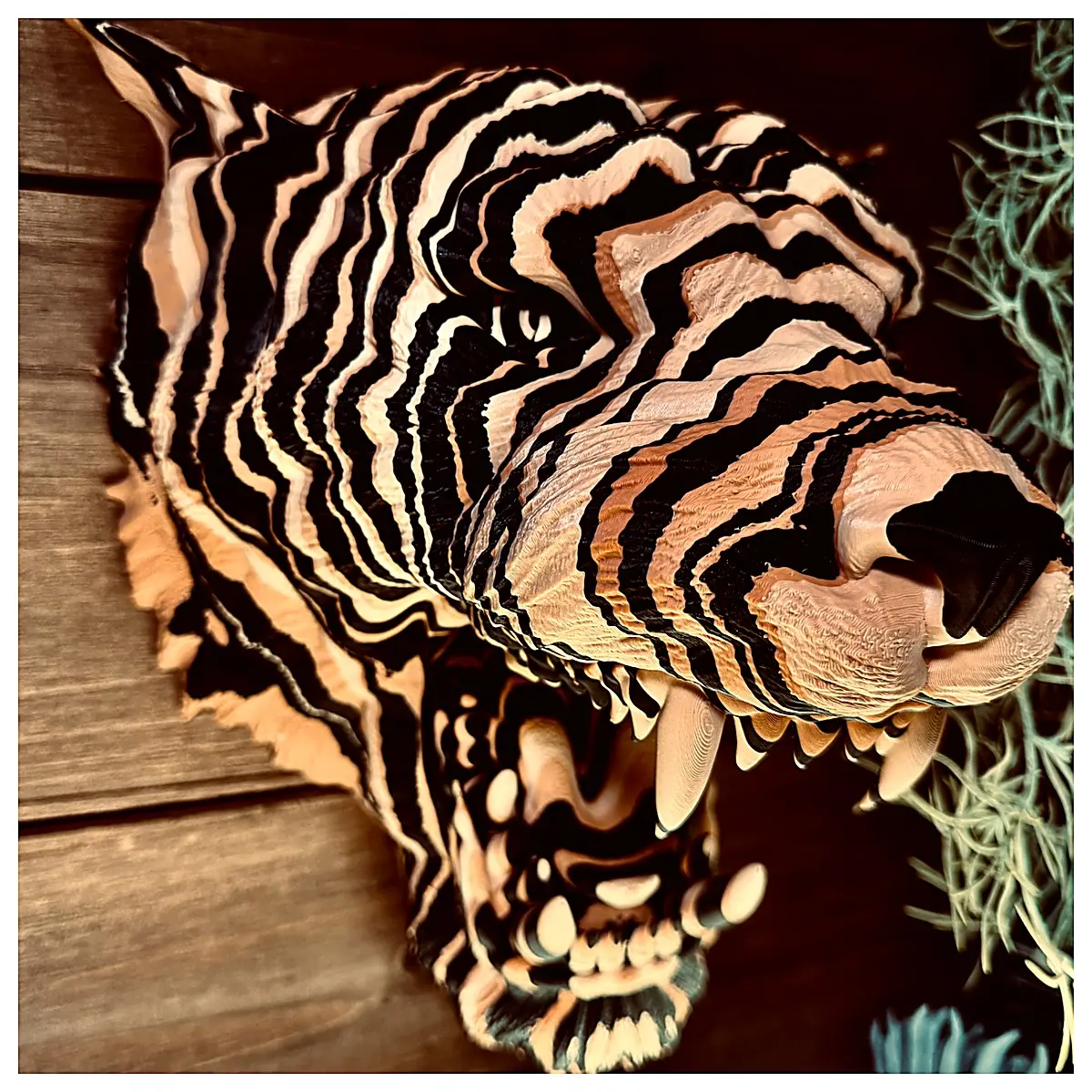Skull Wood Tiger Wall Hanging Trophy Decoration Hanging Decor Indoor Art Piece Stacked Art