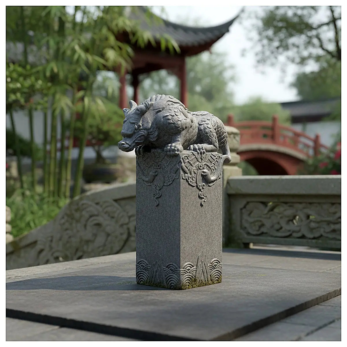Ceremonial Beast Statue Pillar Ancient Deity Sculpture Garden Ornament Outdoor Decoration Mythological Stone Column Beast Form Pillar