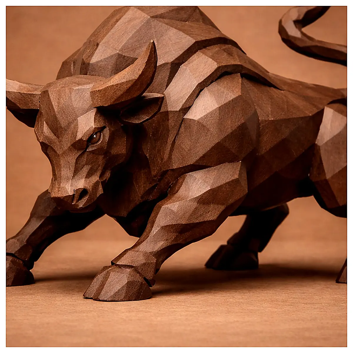 Low Poly Bull Model 3D Printed Walnut PLA Toy Accessory Desktop Decoration Collection