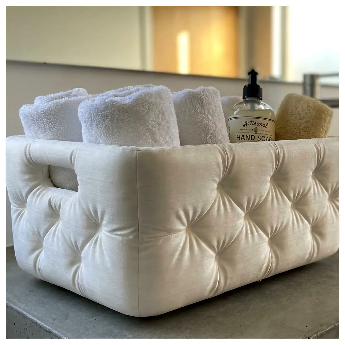 Tufted Bathroom Basket Organizer Quilted Storage Bin Laundry Hamper Home Decor Utility Crate Fabric Basket