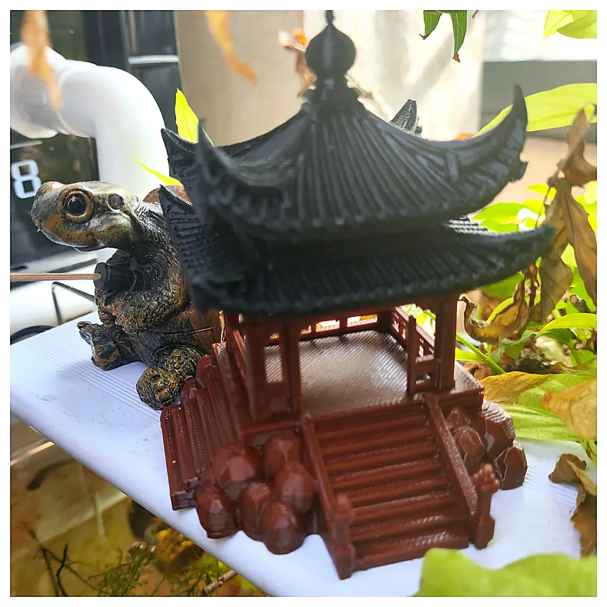 Style Pavilion Figurine Fish Tank Decoration Water Feature Model Ancient Architecture Ornament Four Corner Gazebo Double Layer Pavilion Home Decor Aqu