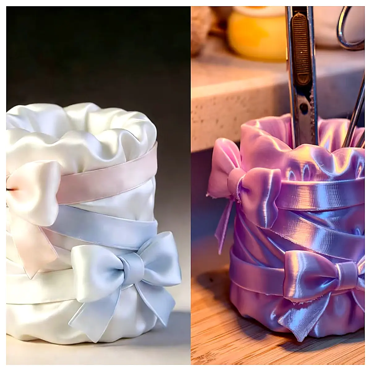 Silk Bow Pen Tube Organizer Desk Storage Box Pencil Holder Office Supplies Ribbon Organizer Creative Gift