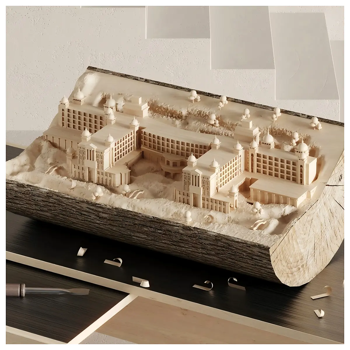 Wooden Carved Castle Decor Home Art Sculpture Parts Repair Ornament Castle Model