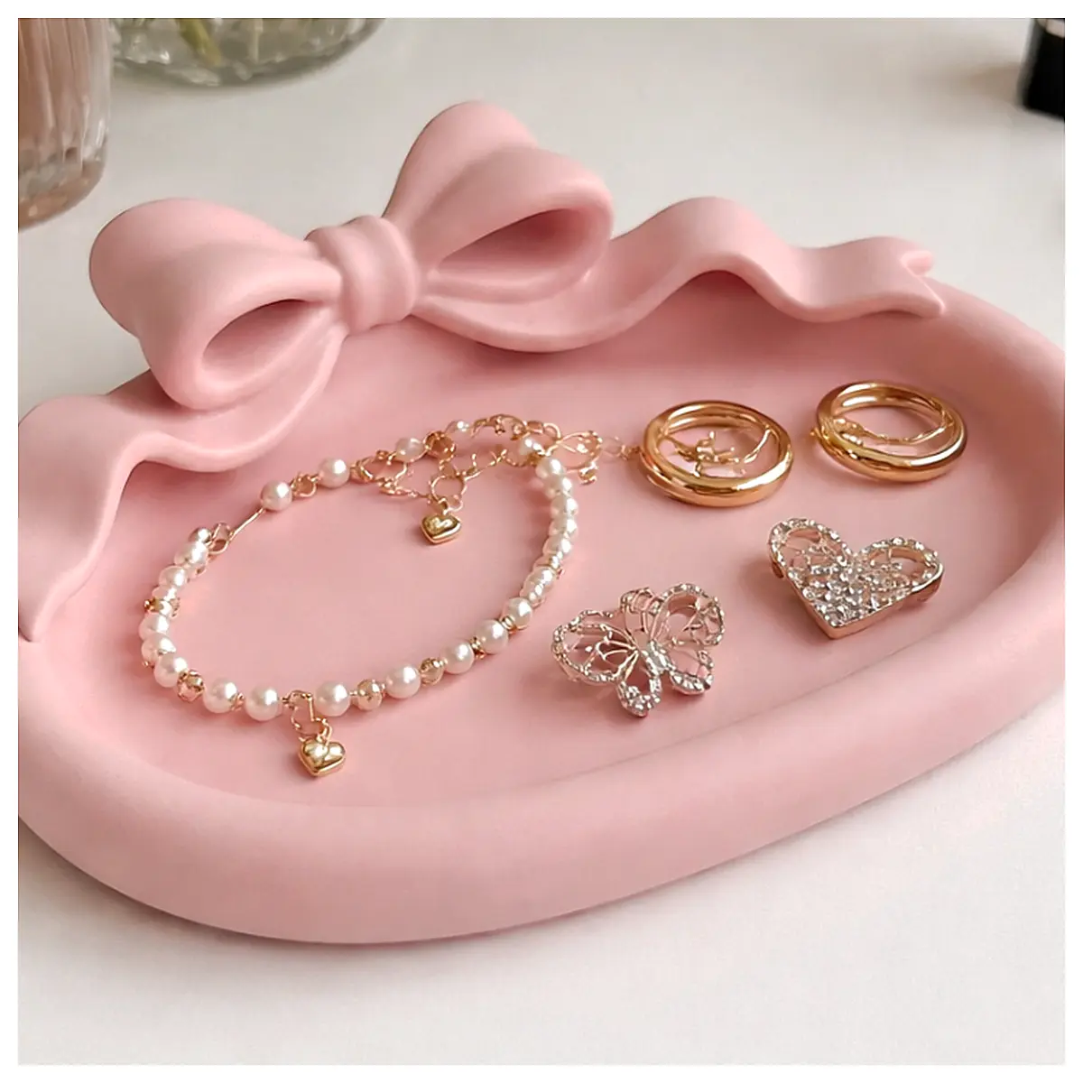 Coquette Bow Jewelry Catchall Vanity Tray Decor Organizer Display Beauty Accessory Holder Decorative Tray