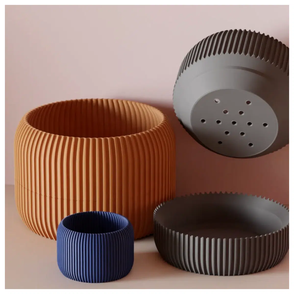 Planter with Drainage Tray Ribbed Pot Indoor Garden Planting Container Modern Flower Box Premium Plant Pot