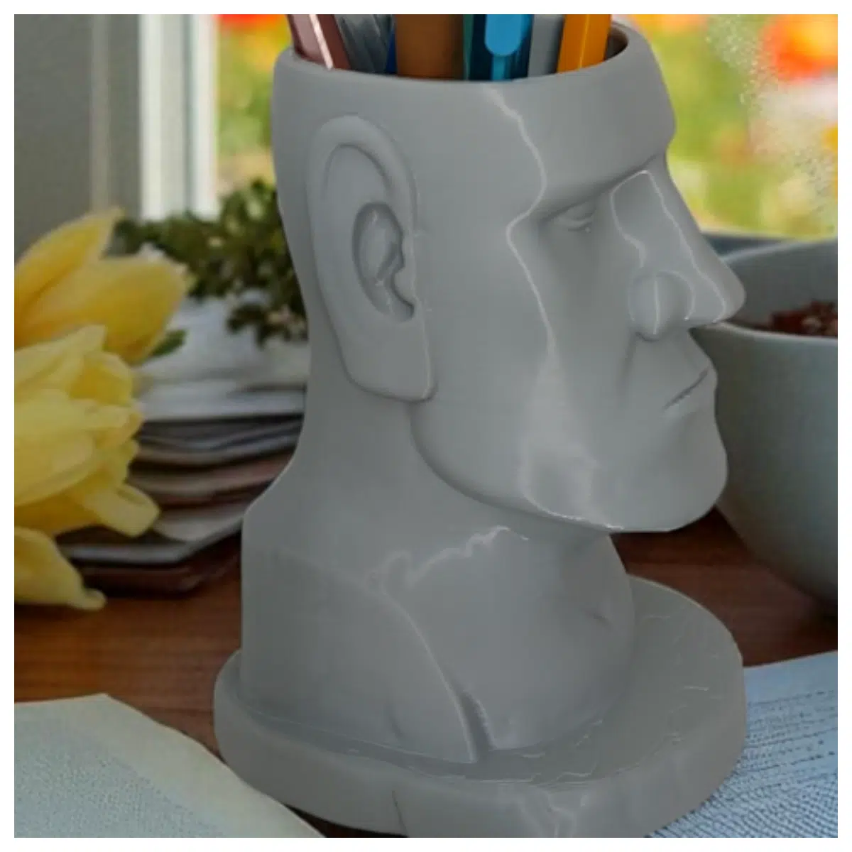 Stone Pen Holder Flower Pot Moai Style Decorative Storage Desk Organizer Creative Display