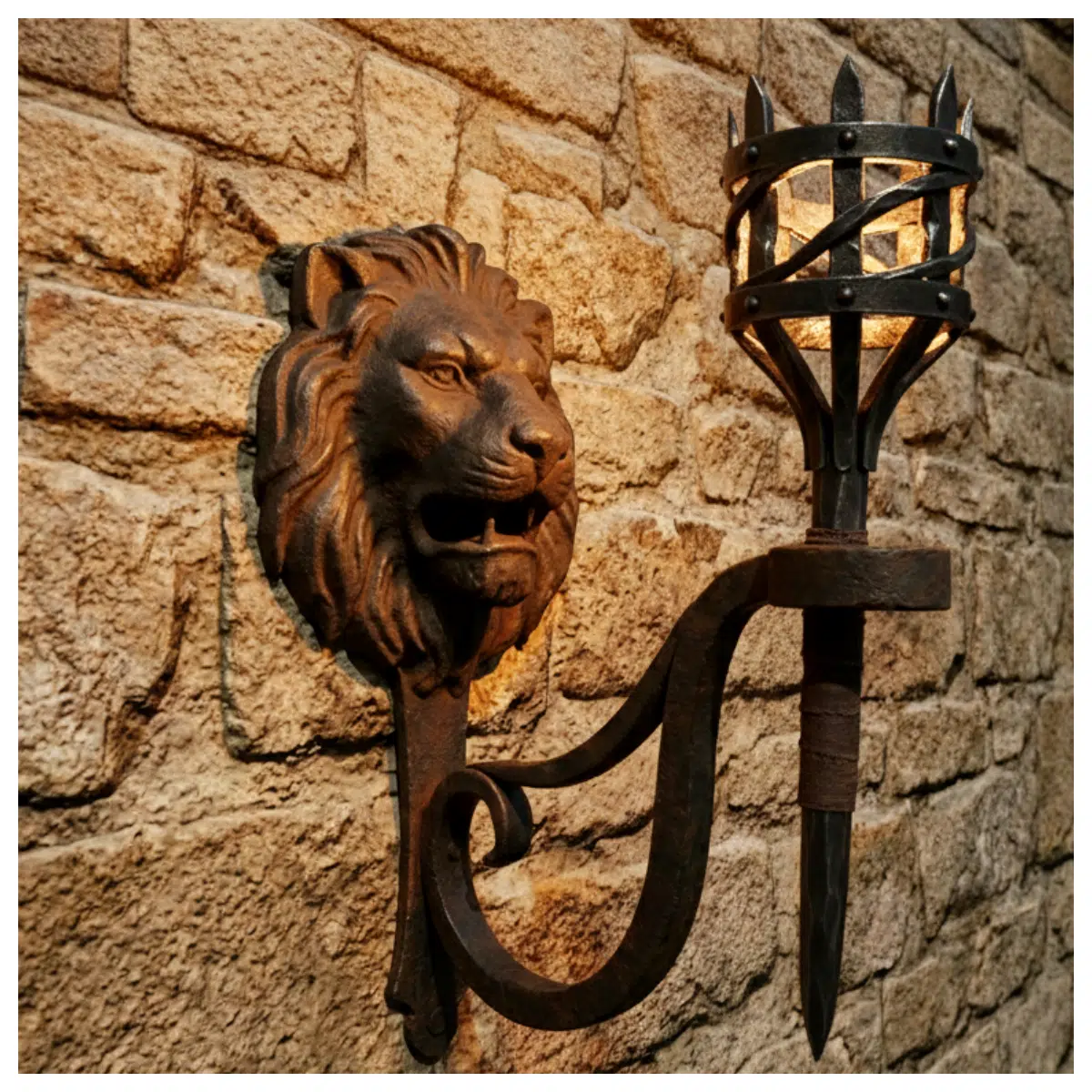 Medieval Torch Holder Lion Head Wall Bracket Decor Fireplace Hanging Antique Candle Stand Retro