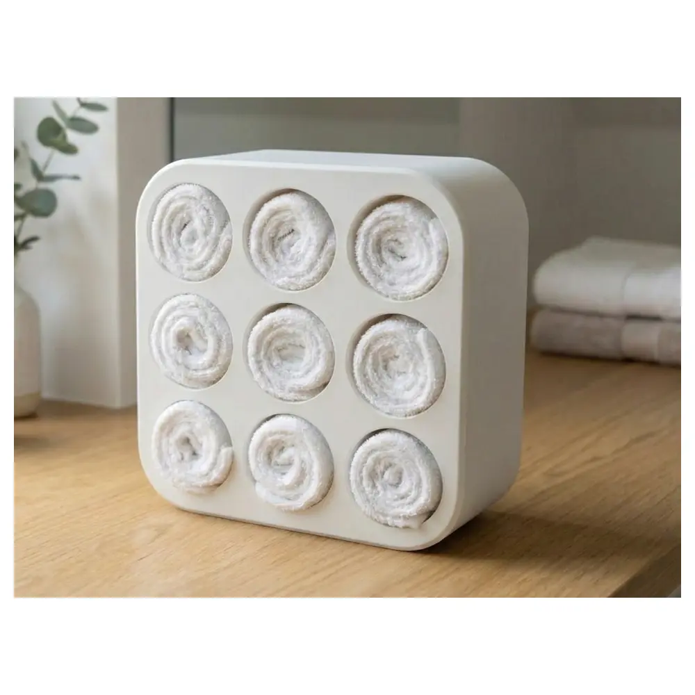 Modern Towel Roll Organizer 9 Tier Spa Style Bathroom Shelf Kitchen Towel Rack Storage Solution
