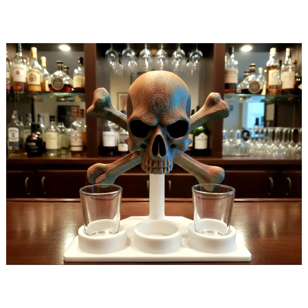 Skulls Crossbones Liquor Glasses Holder Last Shot Ceramic Decanter Display Decor Glassware Collectible
