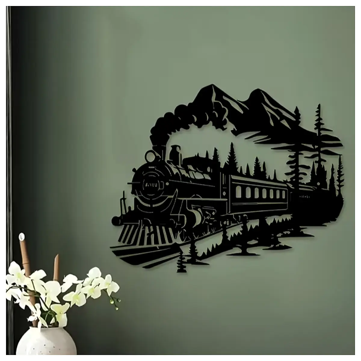 Train Mountain Silhouette Wall Art 2D Landscape Shadow Box Painting Wall Decor Hanging Art