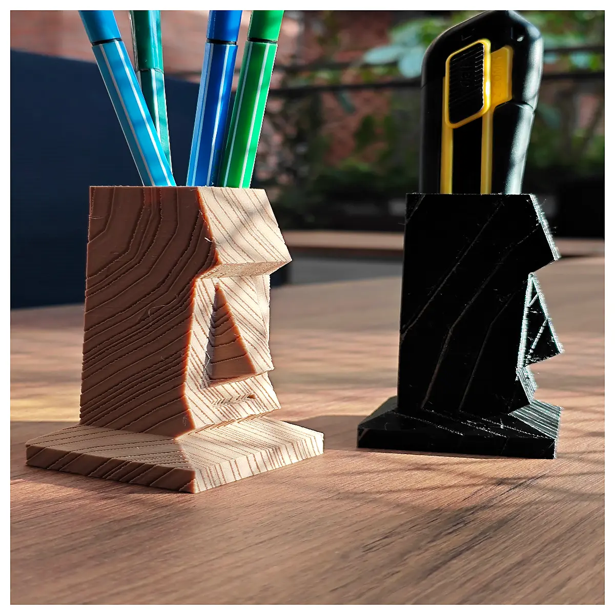easter island moai statue desk organizer wood grain texture pen holder office decor men storage box
