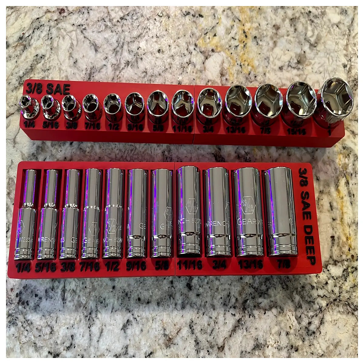 gridfinity compatible 38 piece sae socket set ratchet wrenches metric standard sizes magnetic organizer bins storage system