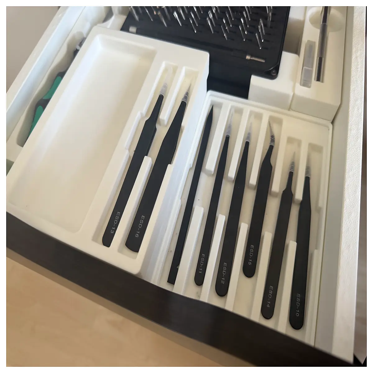 anti static tweezers gridfinity organizer tray storage bin for electronics lab tools
