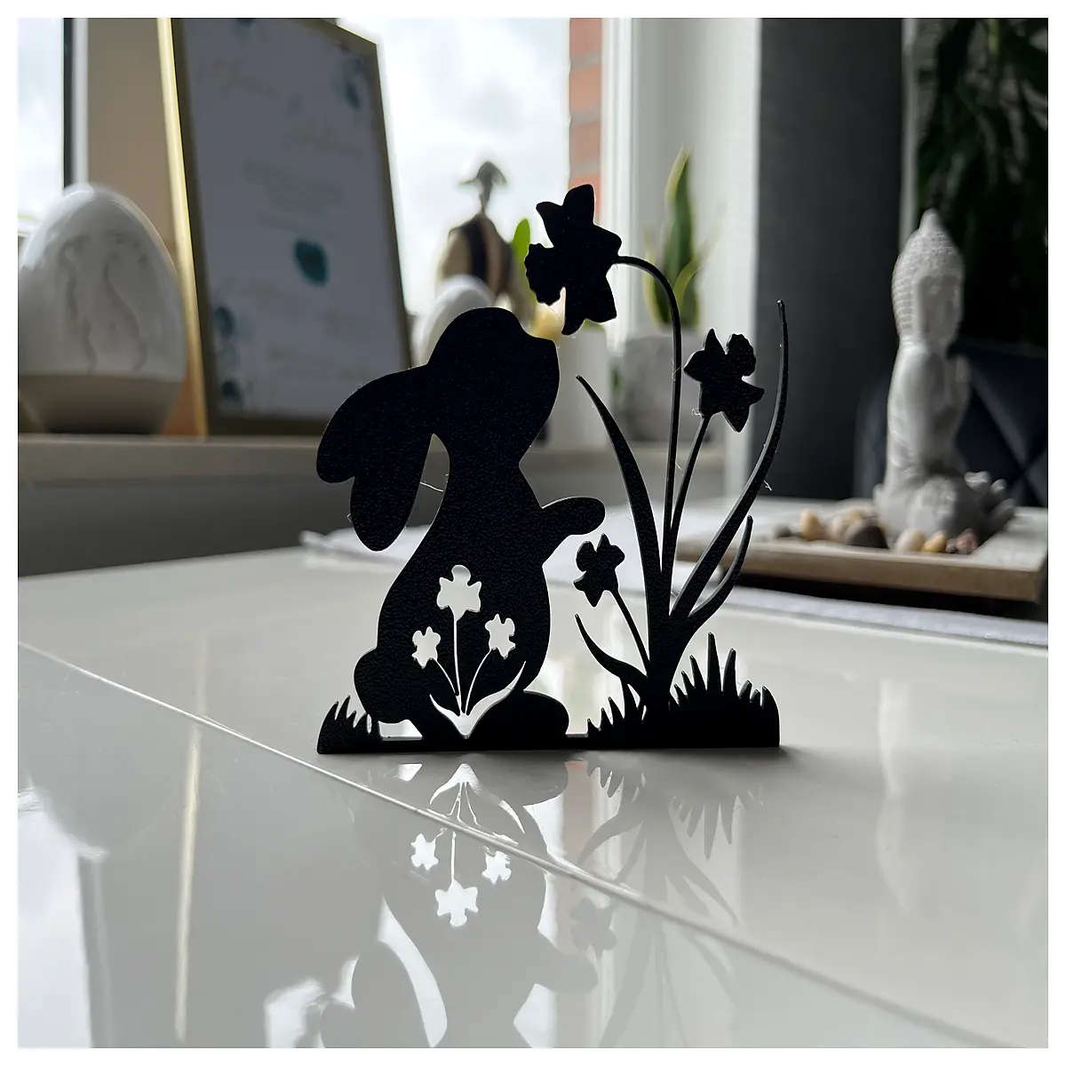 cute rabbit smelling flower plush toy garden animal figurine whimsical nature decor for kids room soft stuffed bunny with bloom