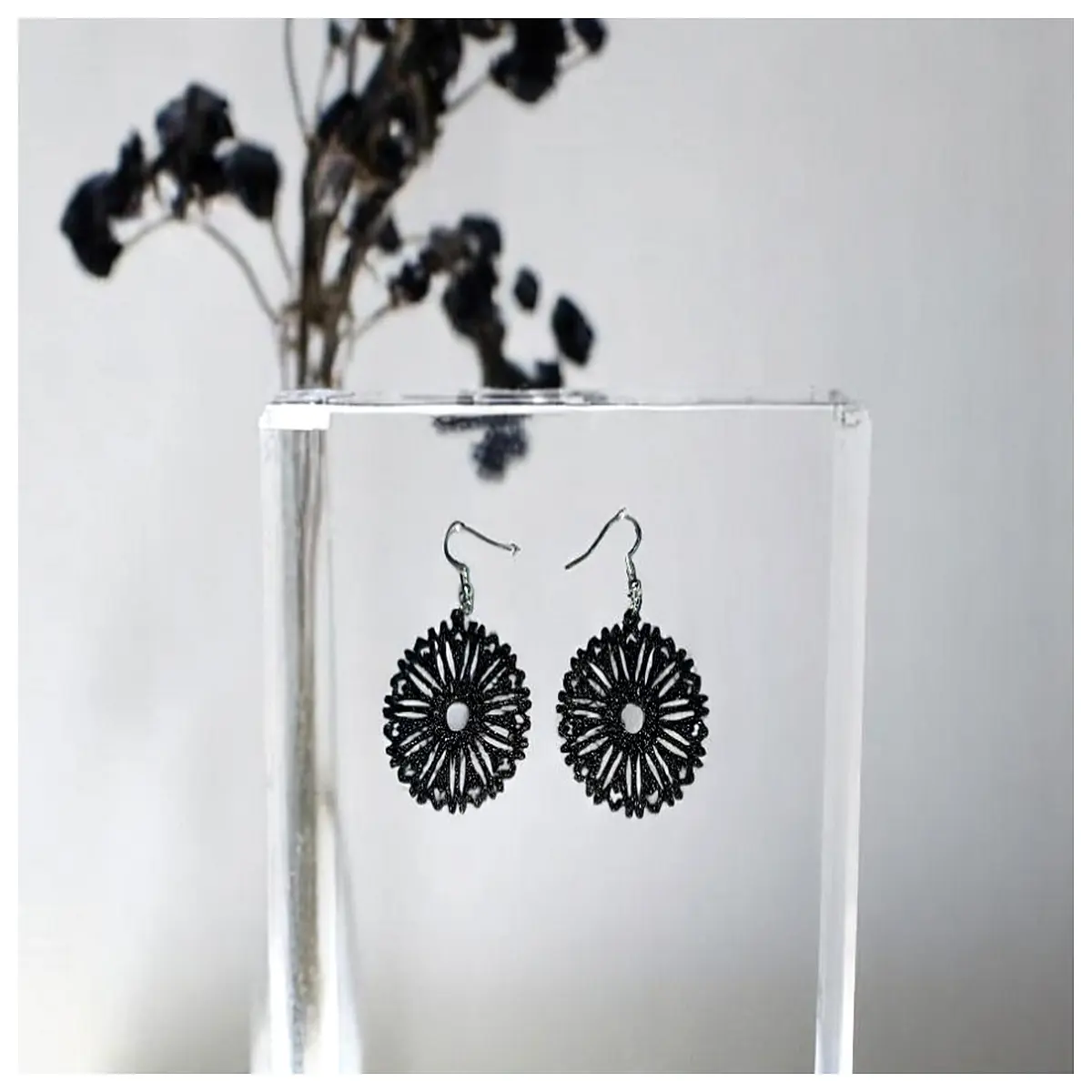 black flower earrings for women gothic punk jewelry dangle drop pieces black metal floral studs