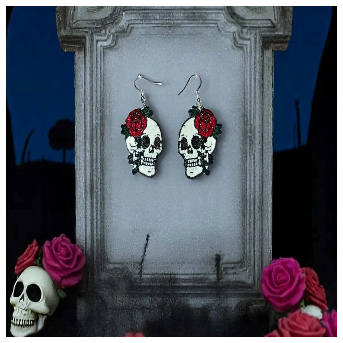 gothic skull rose earrings for women punk rock silver jewelry edgy alternative fashion accessories dark romantic goth style drop earrings