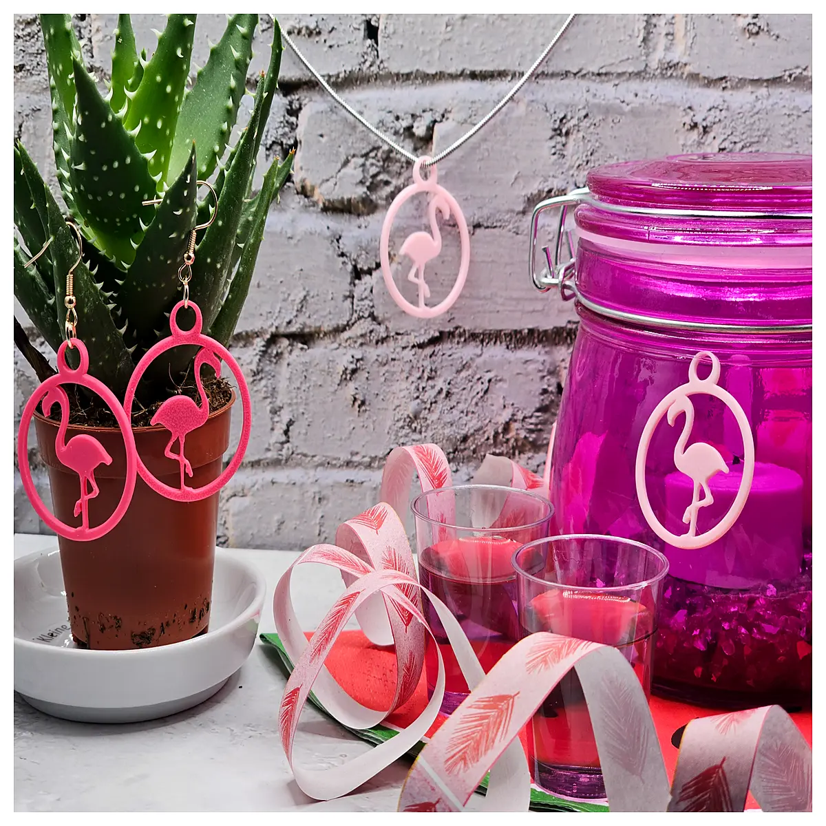 flamingo jewelry set dangle earrings and necklace for women summer vacation tropical party beach outfit accessories