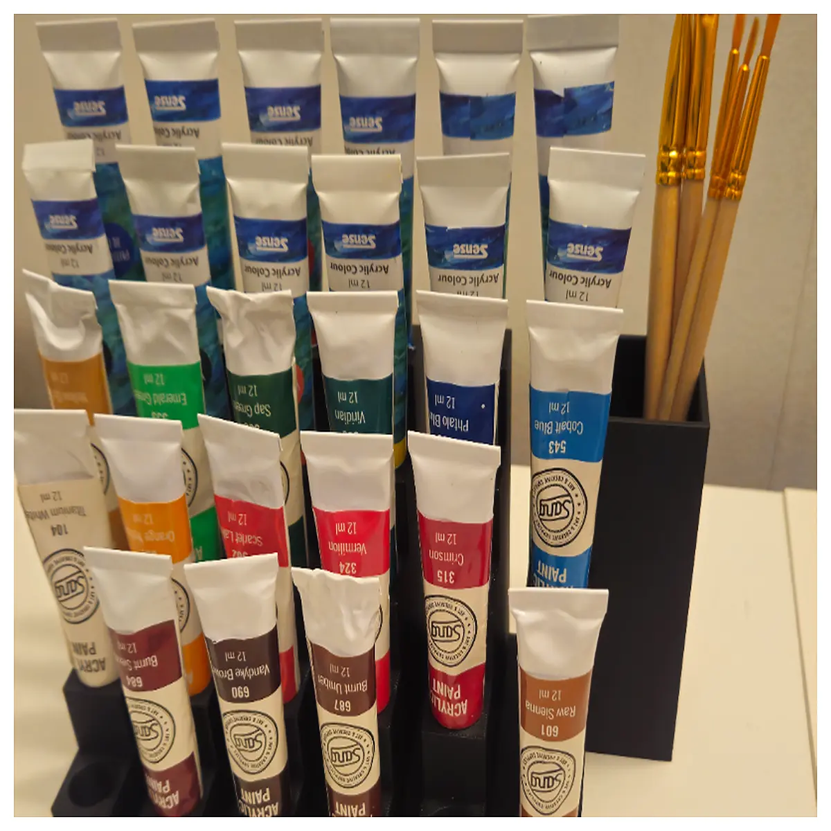 acrylic paint tube organizer with brush holder for studio desk art supply storage