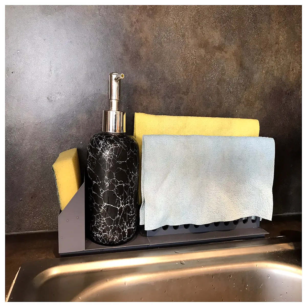 kitchen sponge holder with drainer rack for dish soap dispenser and scrubber organizer countertop storage