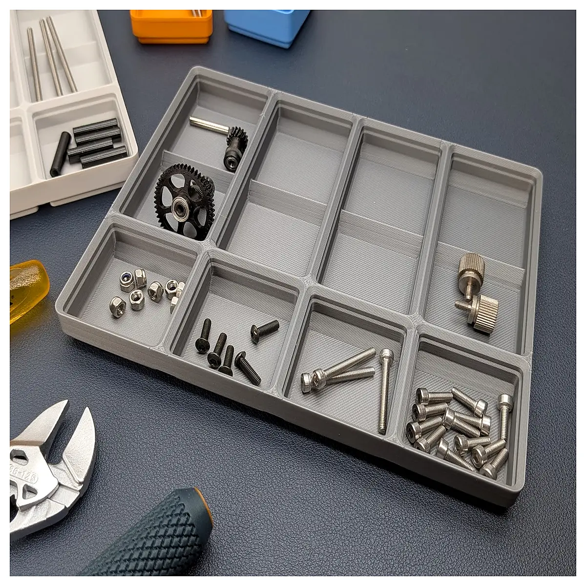 gridfinity compatible parts organizer bins magnetic storage trays for workshop tools hardware sorting modular drawer inserts