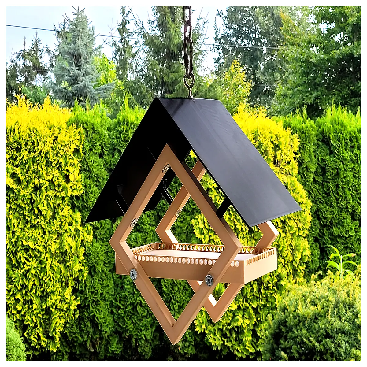 rustic wood bird feeder with metal perch for outdoor garden wild birds