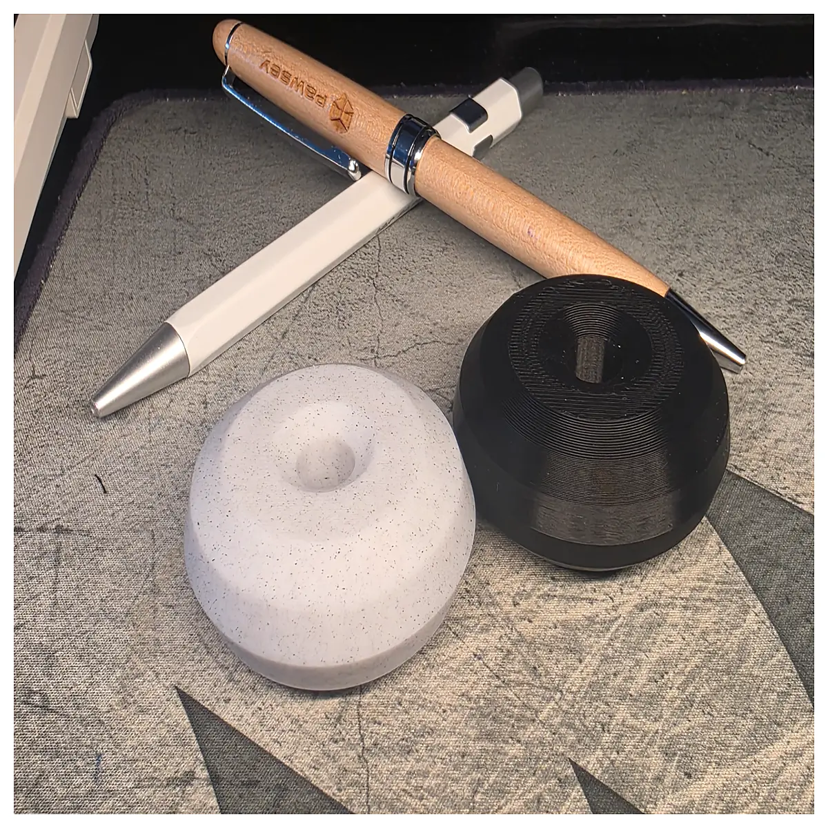 minimalist metal pen holder desk organizer with stone paperweight for modern office workspace aesthetic