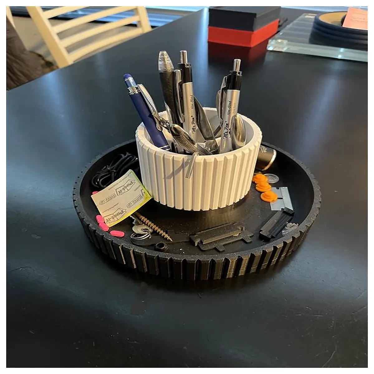 round desk organizer caddy with compartments for office supplies pens pencils sticky notes phone holder storage bin