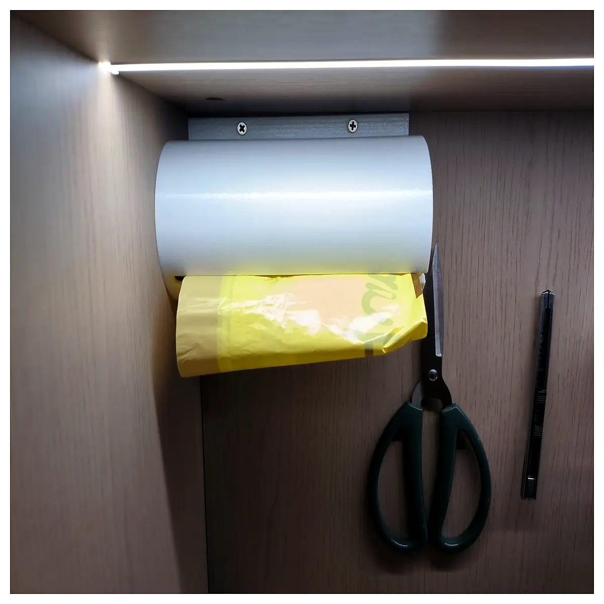 wall mounted trash bag holder dispenser hook for kitchen cabinet door storage organizer