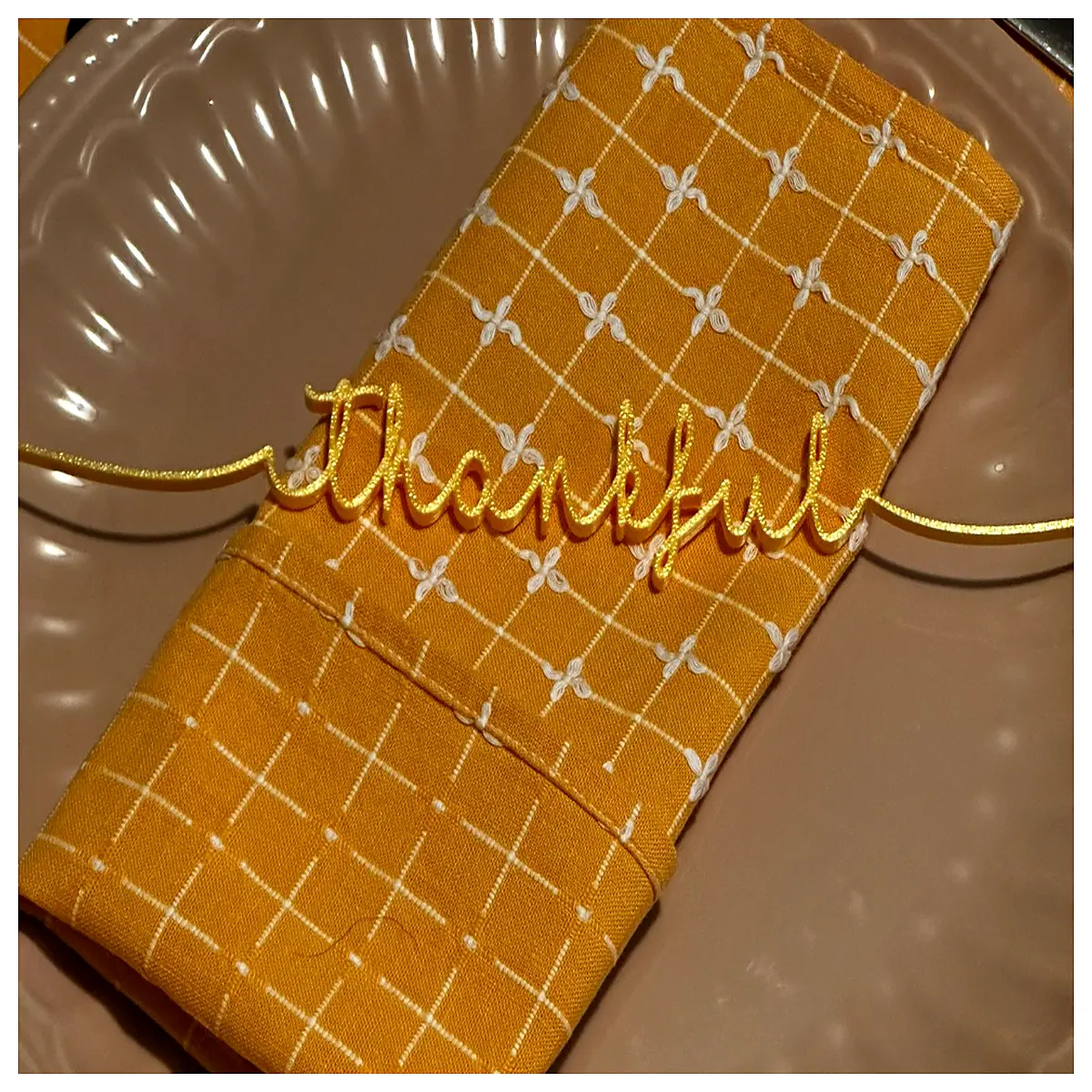 thanksgiving dinner plates with blessed and grateful text design for holiday table setting