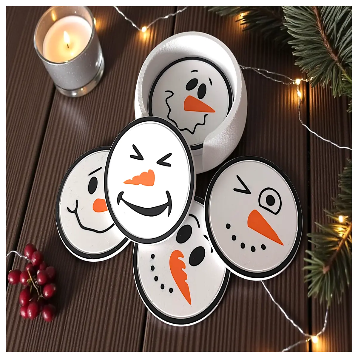 Funny Snowman Coasters with Stand 6 Sided Decoration Desktop Cute Ornament Creative Home Decor Christmas Gift