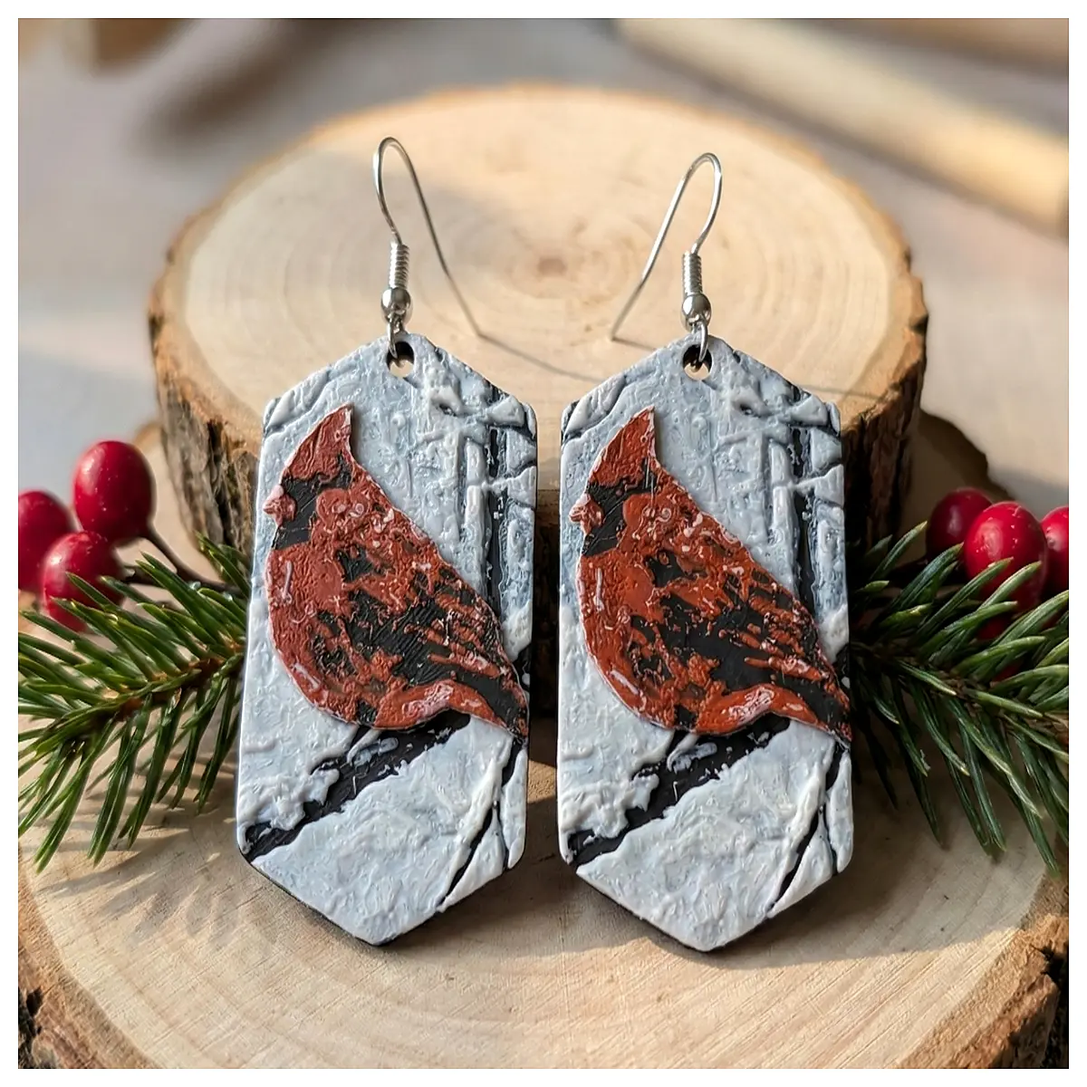 Winter North American Scarlet Tanager Earrings Feather Earrings Winter Warm Bird Accessories Christmas Gift Down Earrings