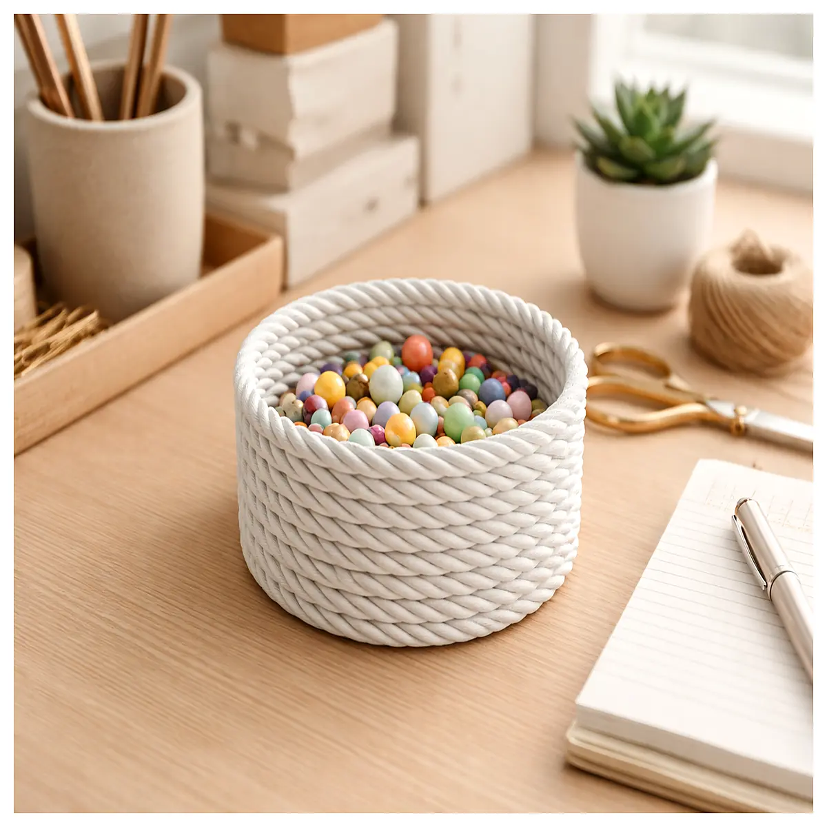 macrame cord organizer bowl for yarn storage craft supply container knitting thread holder diy project material bin