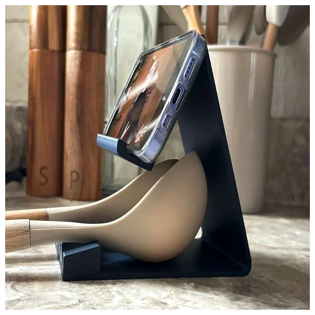 dual spoon rest holder with phone slot kitchen utensil organizer countertop accessory for cooking prep