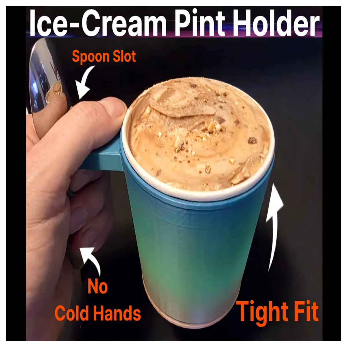 ice cream pint holder with spoon rest slot insulated cup sleeve for 16oz tubs keep handle clean non slip grip dishwasher safe