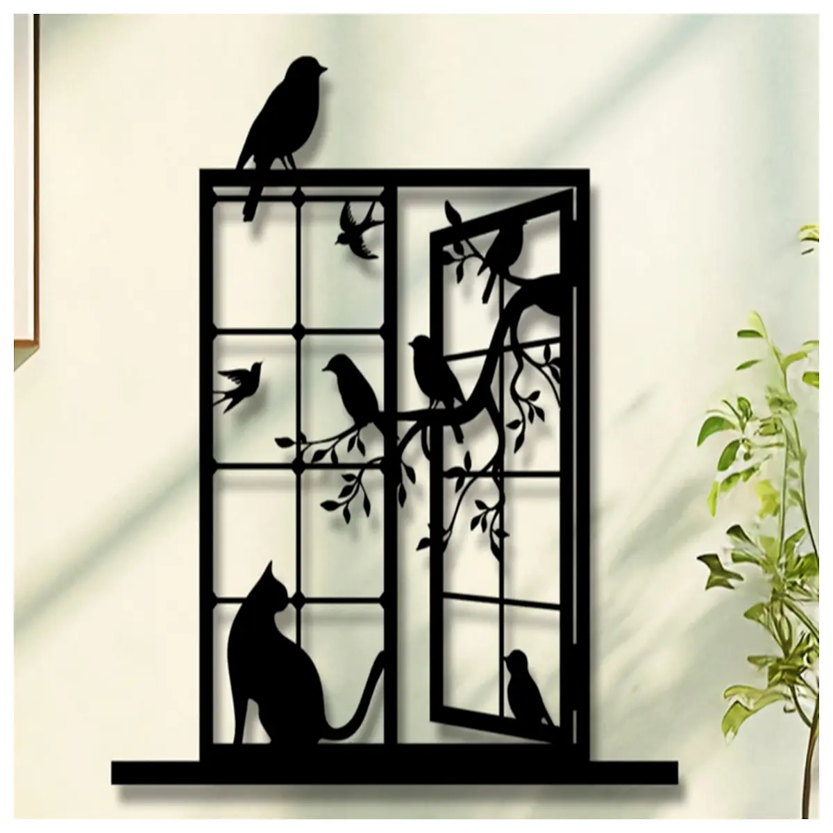 window sill cat bird branch wall art canvas print home decor living room bedroom landscape painting