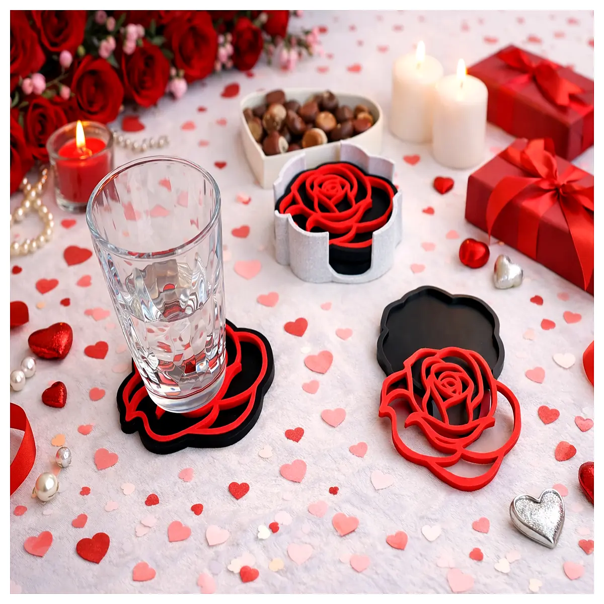 Valentine s Day Rose Coasters Romantic Gift Table Decor Non Slip Mat Lover Surprise Shape Pad