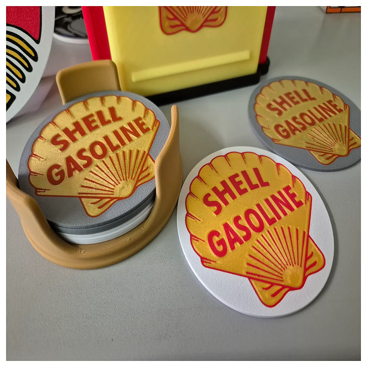 shell gas station coasters with storage box car cup mat anti slip drink holder automotive interior accessories organizer