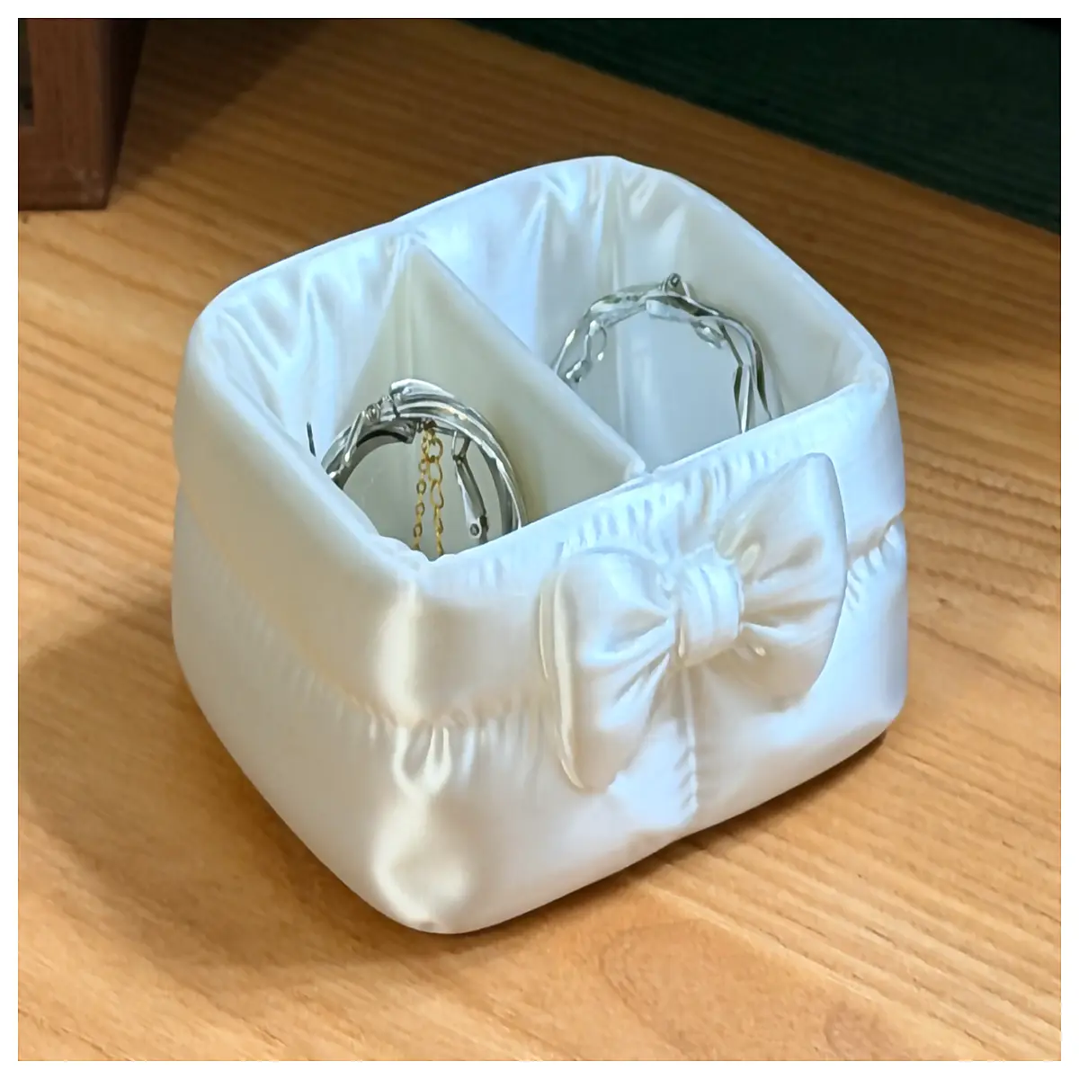 bow double compartment storage box organizer for desk vanity jewelry trinkets