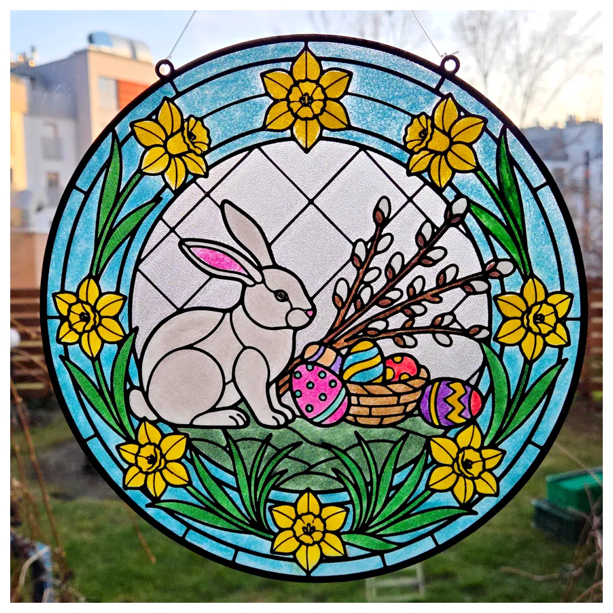 Hand Painted Glass Easter Bunny Decor Art Easter Egg Hanging Painting Festive Home Decoration Creative Wall Art