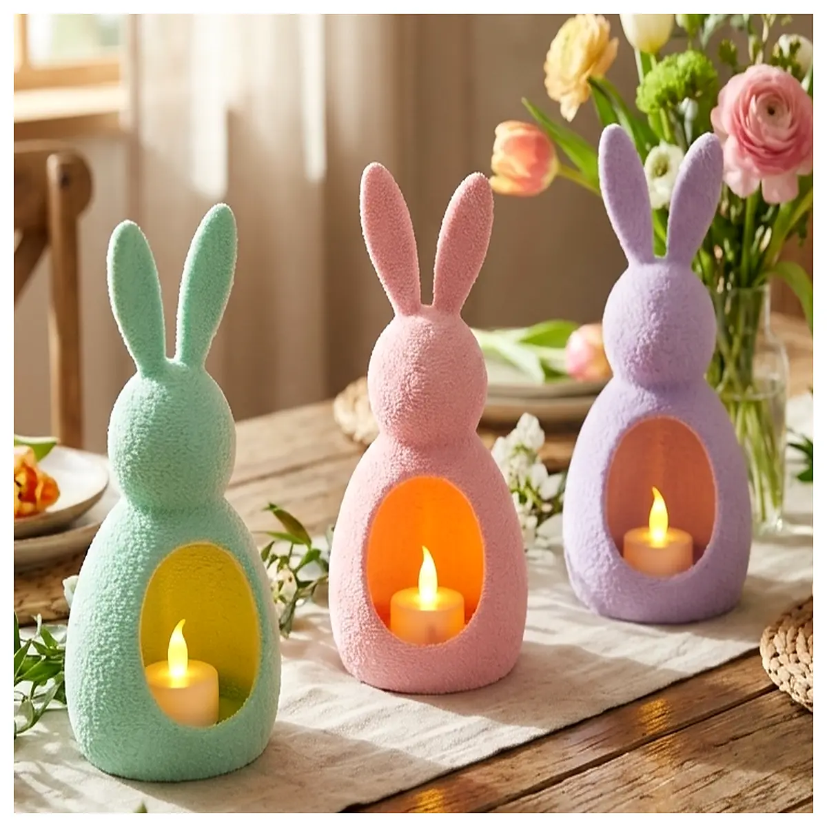 Easter Bunny Tea Holder Plush Printed Ceramic Candle Stand Easter Decoration Gift