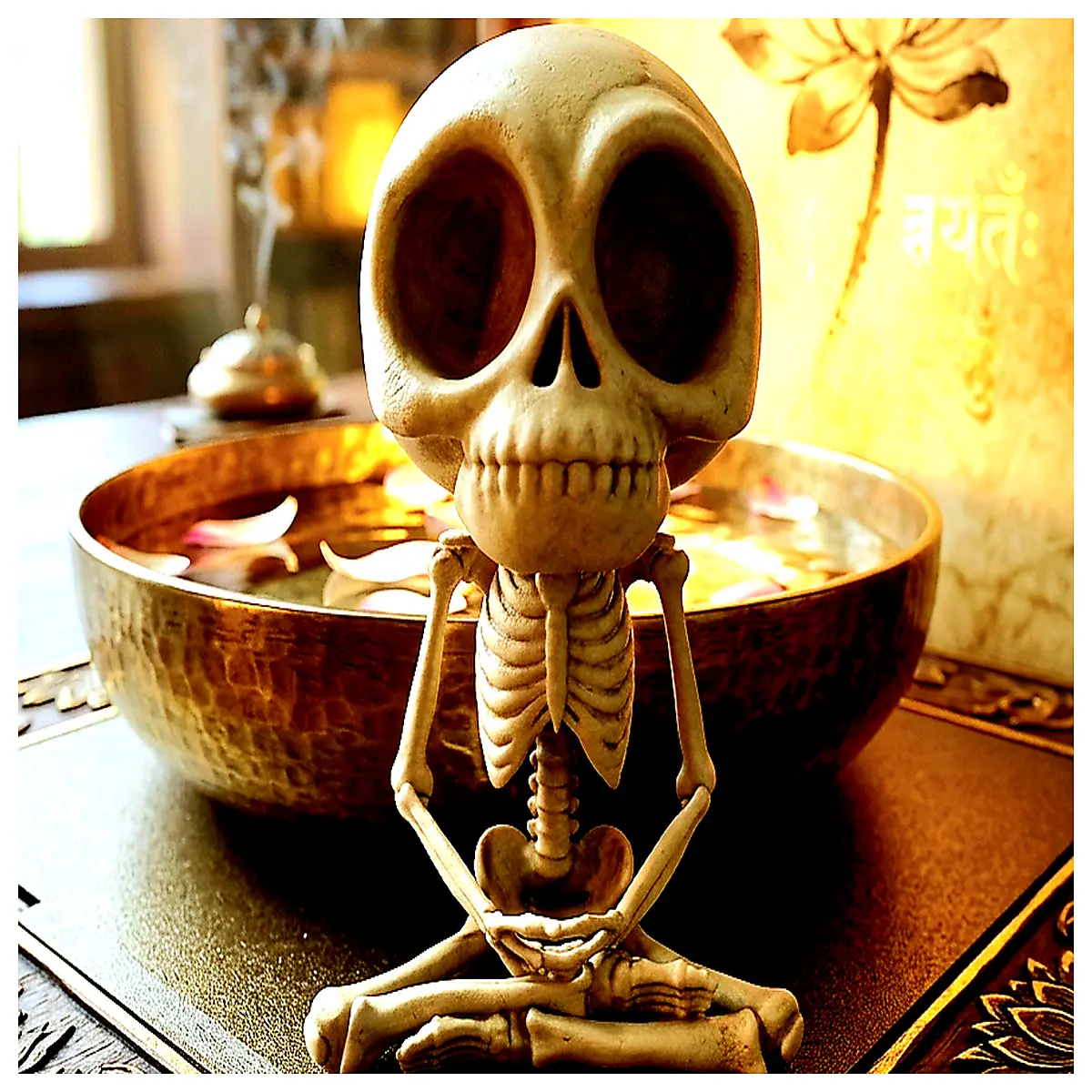 relaxed skeleton buddha statue chill skull deity art zen humor decor funny religious figurine for shelf