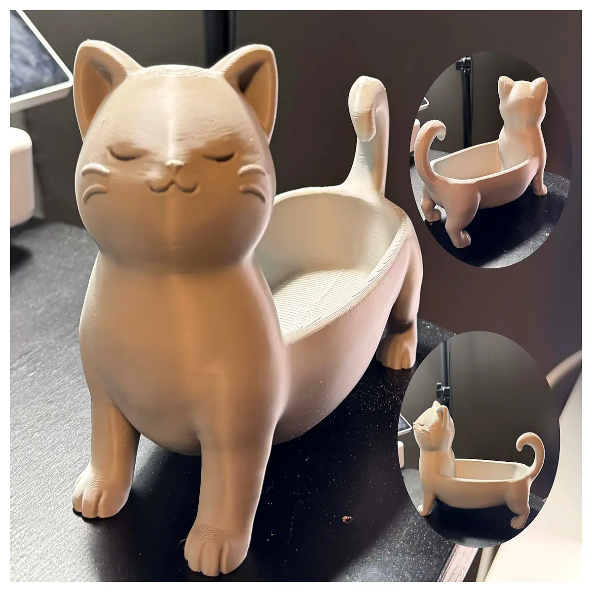 Cute Long Cat Tray Organizer Cat Desk Storage Small Animal Toy Cat Supplies Cat Food Bowl Stand