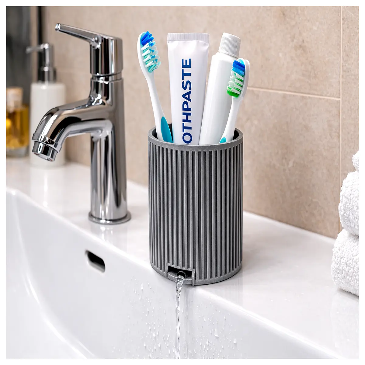 Water Dispensing Toothbrush Cup Minimalist Rinse Cup Ceramic Bathroom Shelf Drip Toothbrush Organizer Anti Slip Design Modern Home