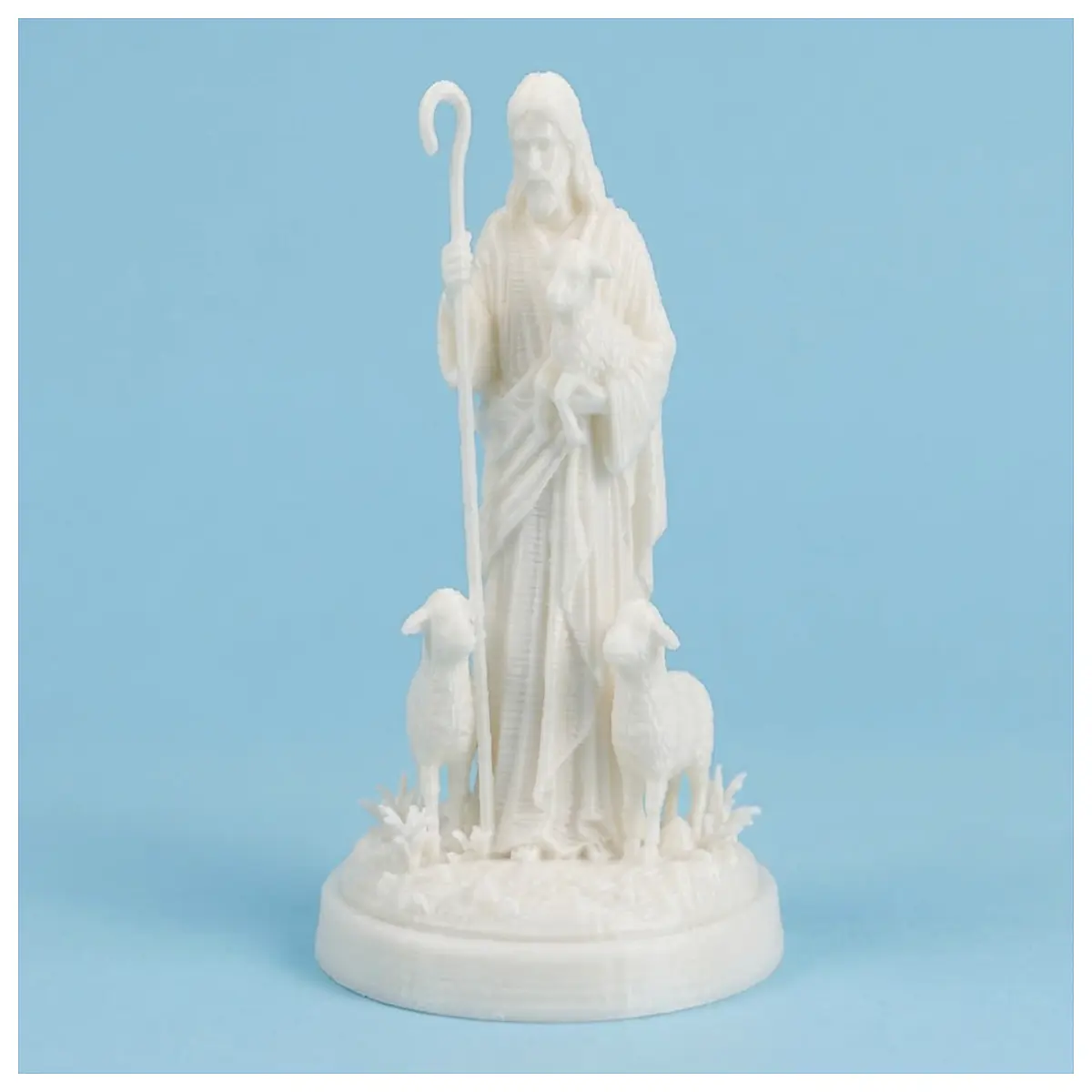 kind shepherd figurine gentle pastoral statue caring animal sculpture religious holy figure decor