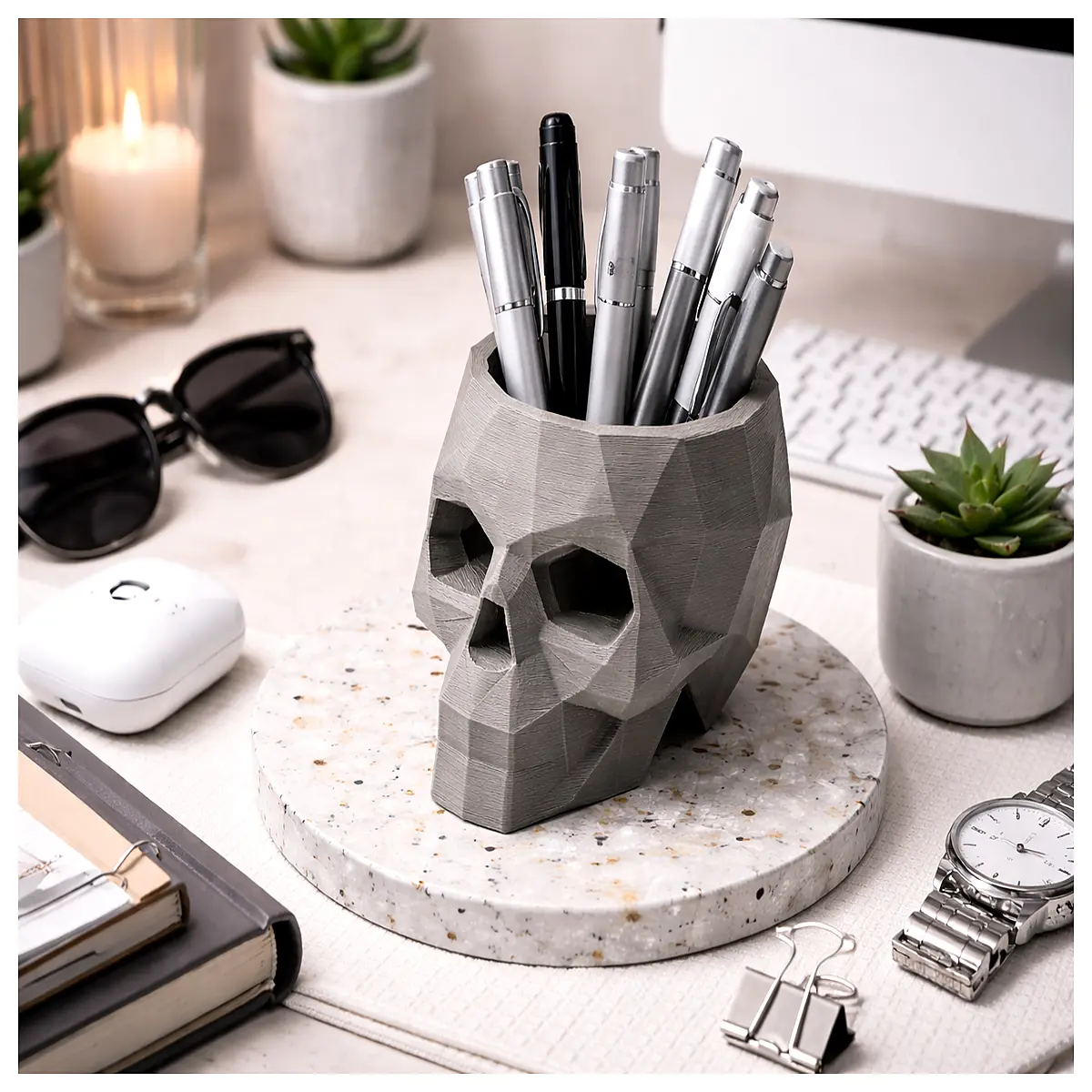 Low Poly Skull Pencil Holder Desk Organizer Snack Box Storage Container Decorative Accessory