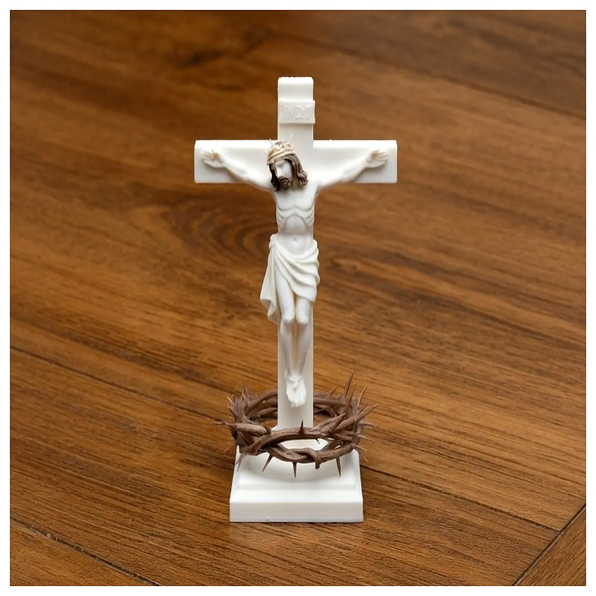 Jesus Christ Statue Crowned Crucifix Base Religious Art Christian Sculpture Holy Figure Church Decor
