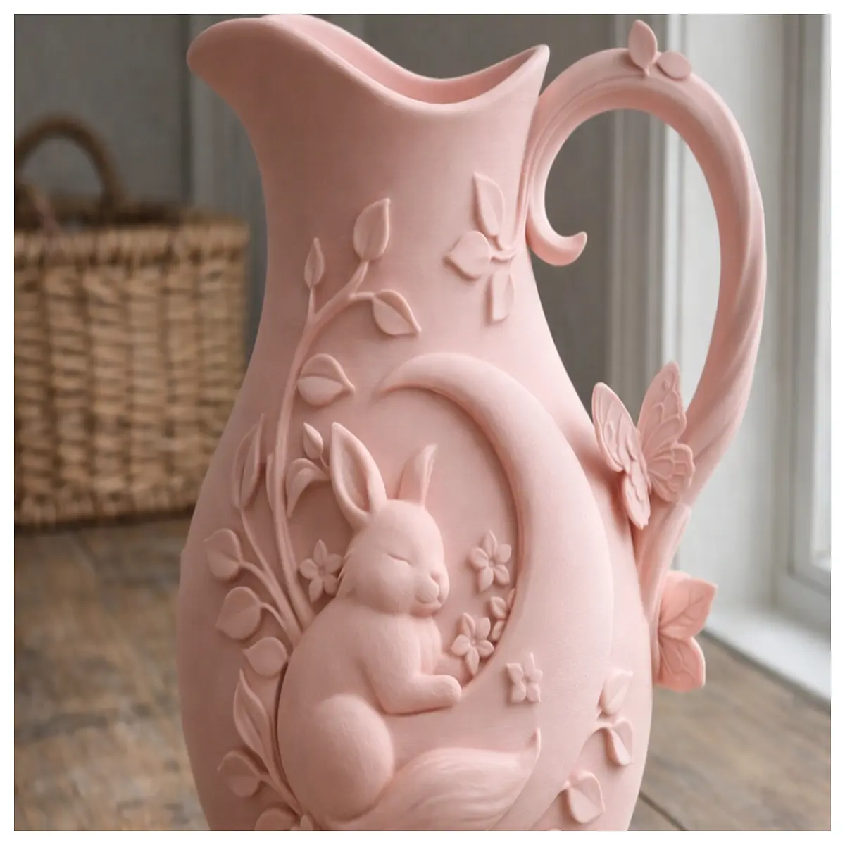 Cute Moon Rabbit Vase with Handle Warm Home Decor Ceramic Figurine Lunar Rabbit Decoration Gift Idea
